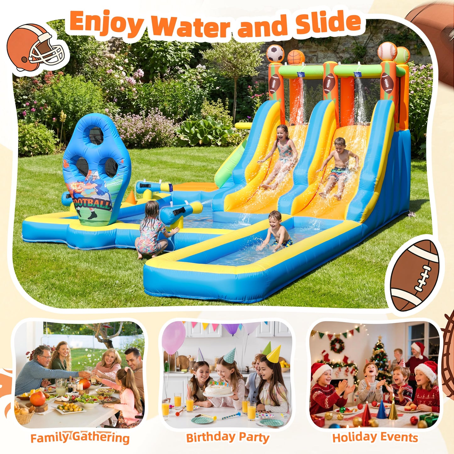 TOAOB Inflatable Water Slide for Kids 3-12: Blow Up Backyard Water Park with 2 Slides - 9 in 1 Football-Themed with 550W Blower for Outdoor Birthday Party