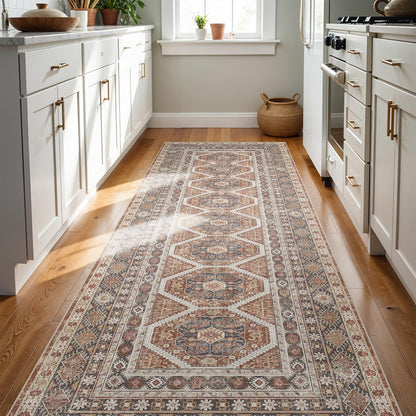 3x8 Runner Rug Kitchen Washable: Oriental Indoor Hallway Runners with Non Slip Backing Floor Mat for Entryway Door Low Pile Thin Carpet for Bedroom Bathroom Living Room Bedside Brick