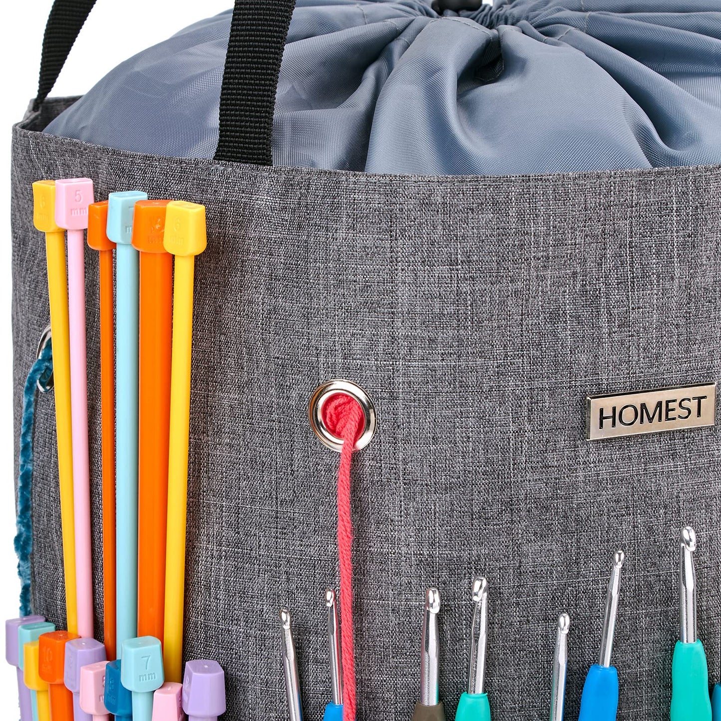 HOMEST Large Crochet Bag with Customized Front Compartment for Knitting Accessories, Yarn Storage with 6 Oversized Grommets, Tote Organizer with Drawstring Closure, Gray