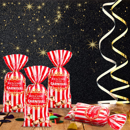 Epakh 200 Packs Carnival Candy Bags Circus-themed Plastic Party Treat Bags with Popcorn Pattern and Gold Twisted Ties for Carnival Birthday Party Favors, Cookies, and Cupcakes (Simple)