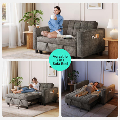 LINSY 54" Pull Out Couch with Charging Station, Small Sleeper Sofa Bed with Cup Holder, 3 in 1 Convertible Loveseat Sleeper Couch for Apartment, Dorm Room, Bedroom and Small Space, Gray