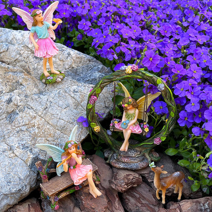Mood Lab Fairy Garden Figurines with Swing - Miniature Decor Set (6 pcs) - Statues & Accessories - Outdoor & Indoor Garden Decor