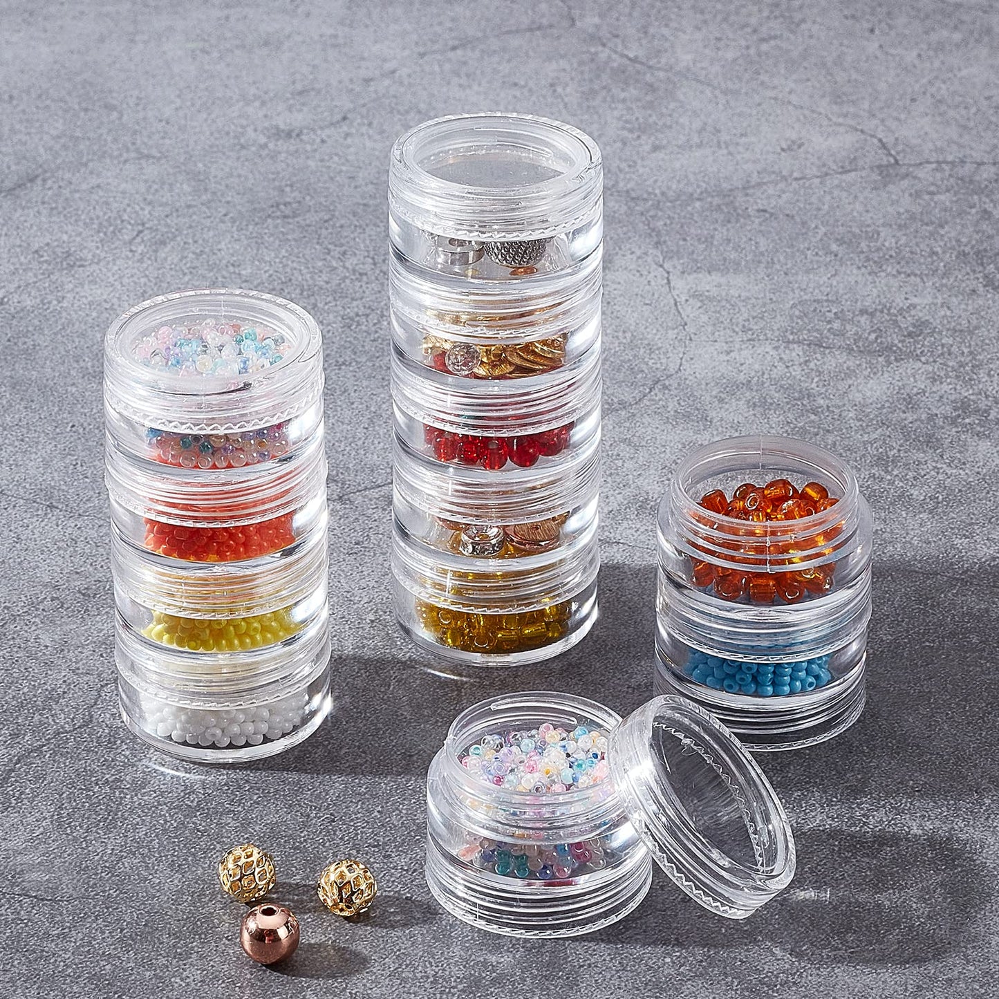 BENECREAT 5G/5ML Stackable Round Plastic Containers 8 Column(5 Layer/Column) Bead Storage Jars for Seed Beads, Diamond Drills and Other Jewelry Components