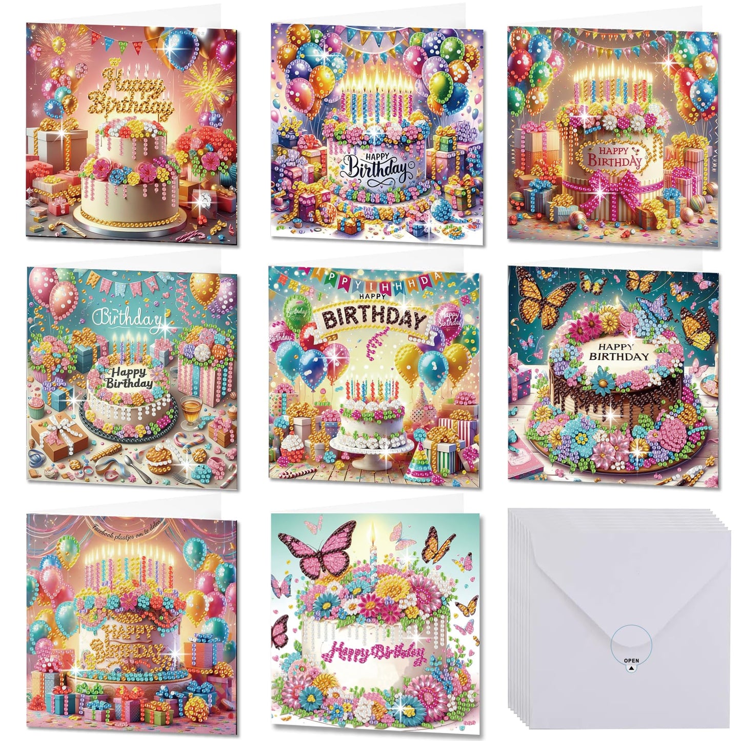 Muzagroo Art Diamond Art Greeting Cards for Adults Diamond Painting Happy Birthday Greeting Cards for Beginners Adults Crafts Gem Art Kits Birthday Greeting Cards 8PCS (Happy Birthday 1)