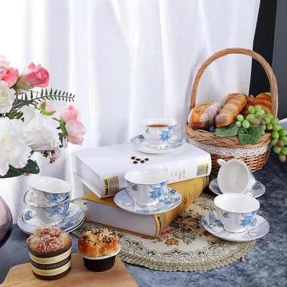 Set 6(5 oz), fanquare Floral Coffee Cups of Porcelain Cappuccino Cups with Saucers, Tea Cup for Birthday Wedding Party