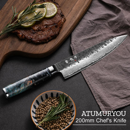 Japanese Chef Knife 8", Hand Forged 67-Layer Damascus VG10 Core Kitchen Knife for Home & Professional Chefs, Razor Sharp Chef's Knives with Leather Sheath, Premium Father Day Gift for Dad Husband