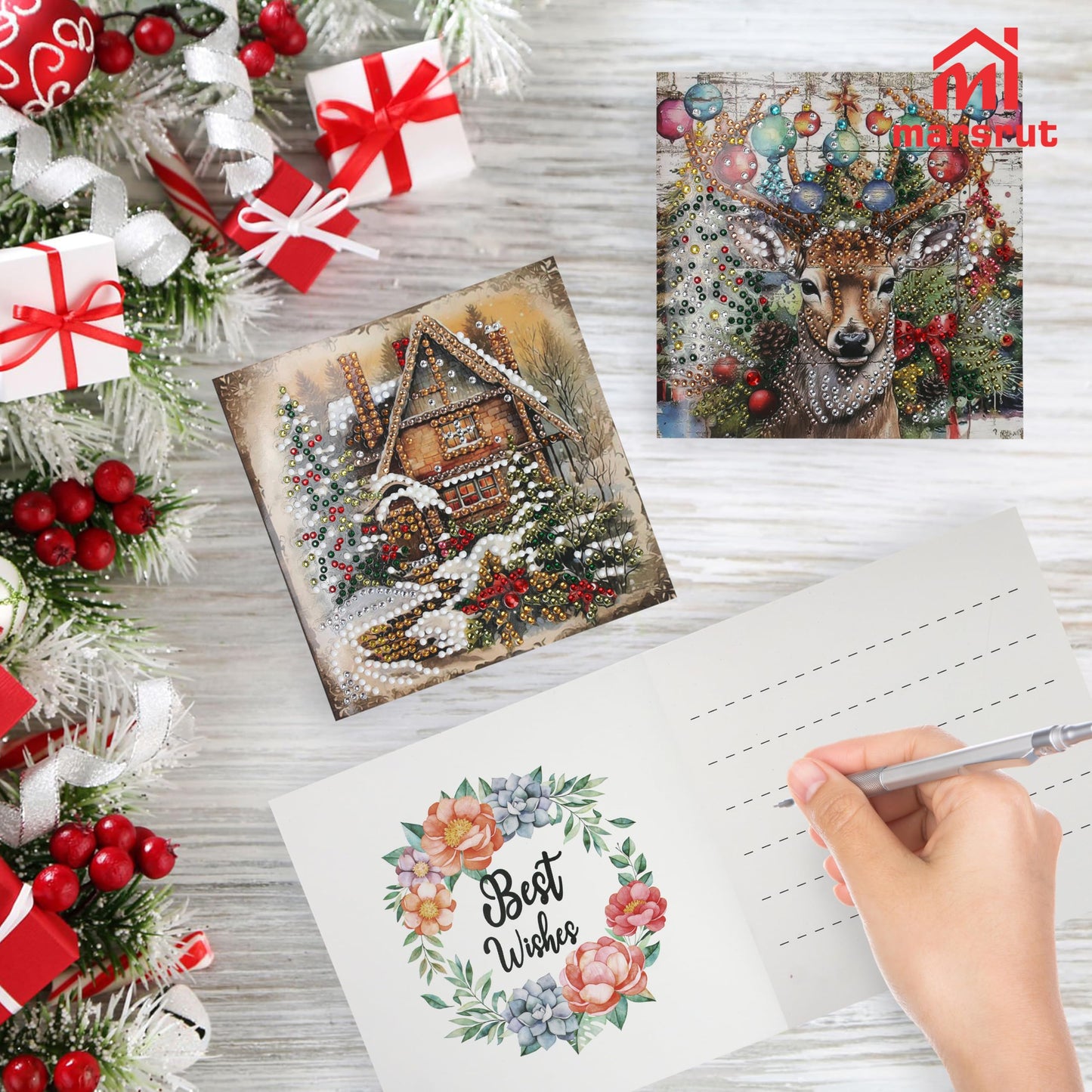 6pcs Diamond Painting Christmas Cards, Art Greeting Envelopes Kit, 5D DIY Rhinestone Painting Postcards with Snowman & Santa Claus, Arts Crafts Thank You Card Set for Birthday, Xmas Holiday Gifts