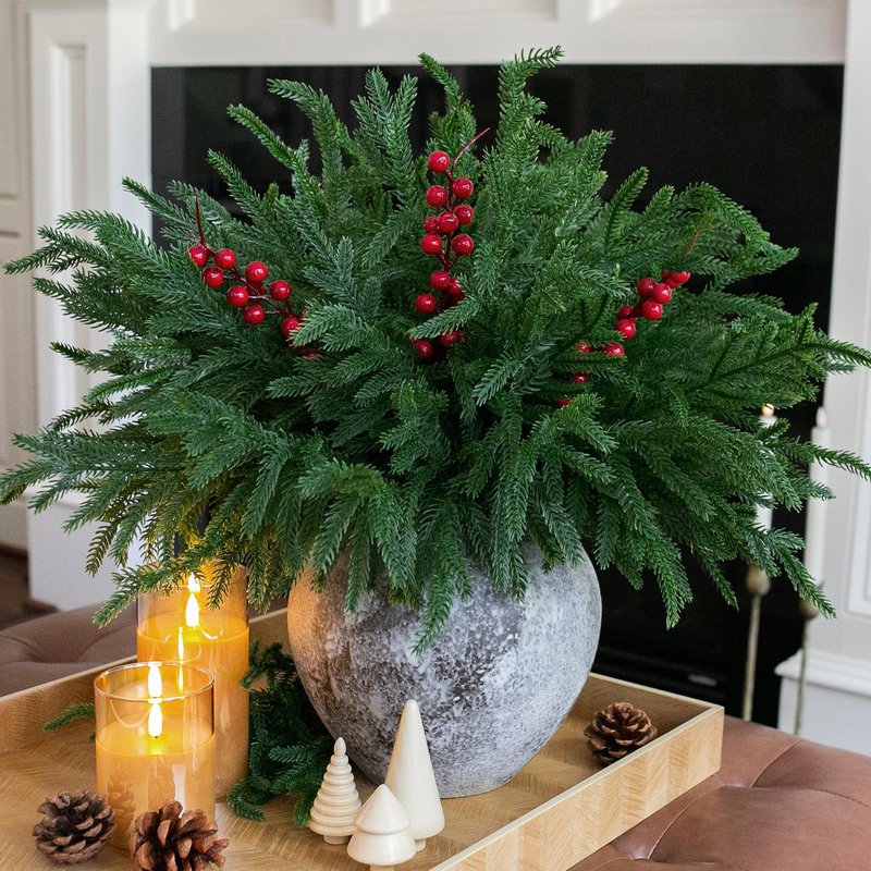florisso Artificial Faux Christmas Norfolk Pine Stems Branches for Vases,12 Bundles Fake Evergreen Real Touch Greenery Stem with 3 PCS Red Berry Branches for Xmas Holiday Winter Table Indoor Decor
