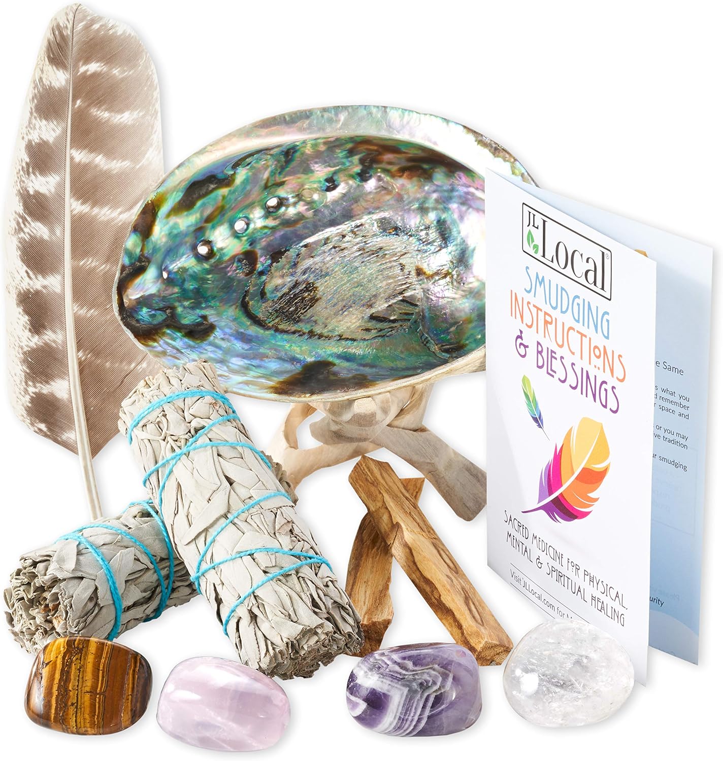 Perfect Unity Smudging Kit - 2 White Sage Smudge Sticks + 2 Palo Santo Sticks + Abalone Shell Bowl + Healing Incense