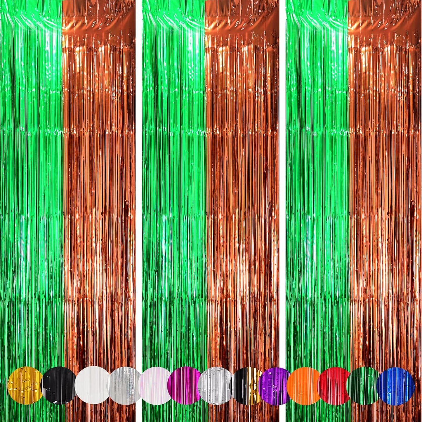 Voircoloria Foil Fringe Backdrop Curtains - 3 Pack Green & Brown Tinsel Streamers for Parties | 3.3 x 8.2 ft