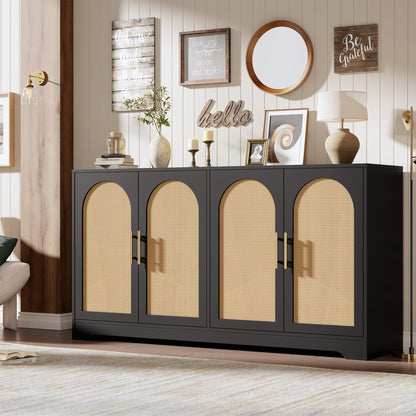IDEALHOUSE 59" W Sideboard Buffet Cabinet- with 4 Rattan Doors, Large Storage Console Table & Modern Accent Coffee Bar Cabinet for Living Room, Kitchen, Hallway, Dining Room, Entryway, Black
