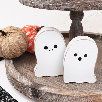 2 Pieces Halloween Decorations Wood Halloween Ghost Sign - Halloween Tiered Tray Decor, Distressed Wood Standing Ghost Sign for Halloween Party, Halloween Table Decor