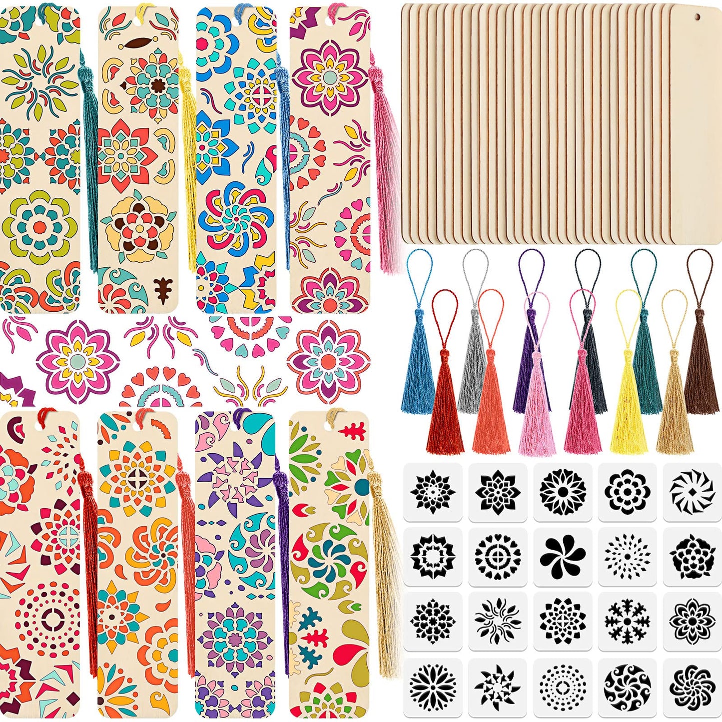 TaoBary 92 Pcs Wood Bookmark Making Kit Includes 36 Unfinished Blank Bookmarks 36 Tassels 20 Templates Craft for DIY Crafts, Painting, Valentine's Day, Mother's Day Gift, (Flower, 4.8 x 1.3 Inch)