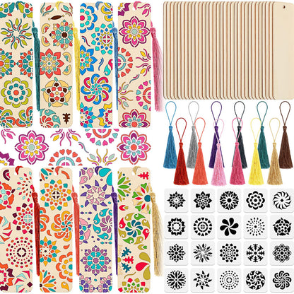 TaoBary 92 Pcs Wood Bookmark Making Kit Includes 36 Unfinished Blank Bookmarks 36 Tassels 20 Templates Craft for DIY Crafts, Painting, Valentine's Day, Mother's Day Gift, (Flower, 4.8 x 1.3 Inch)