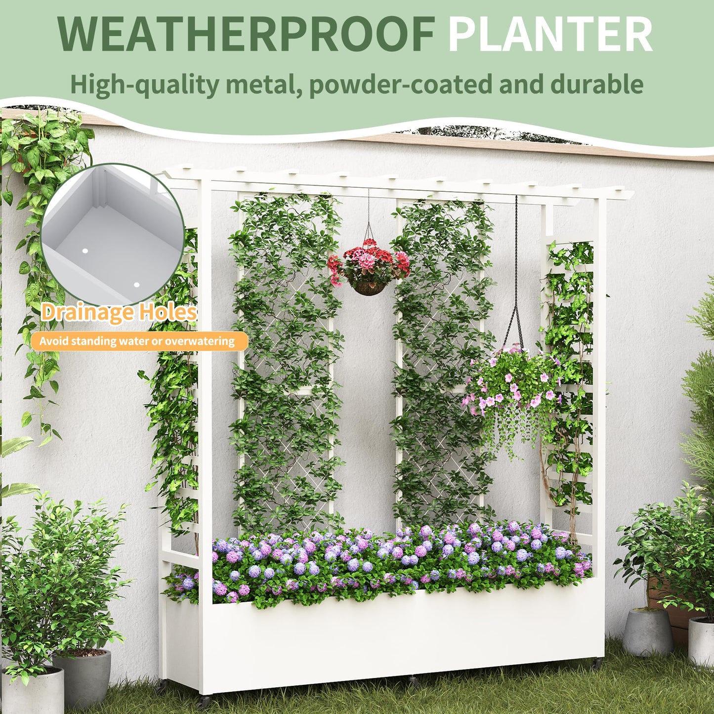 Sunnibety Raised Garden Bed with Trellis & Hanging Roof, Weatherproof Metal Planter Box with Wheels, Garden Arch Trellis for Outdoor Climbing Plants Vines Flowers, 74" H x 77" L x 17" W, White