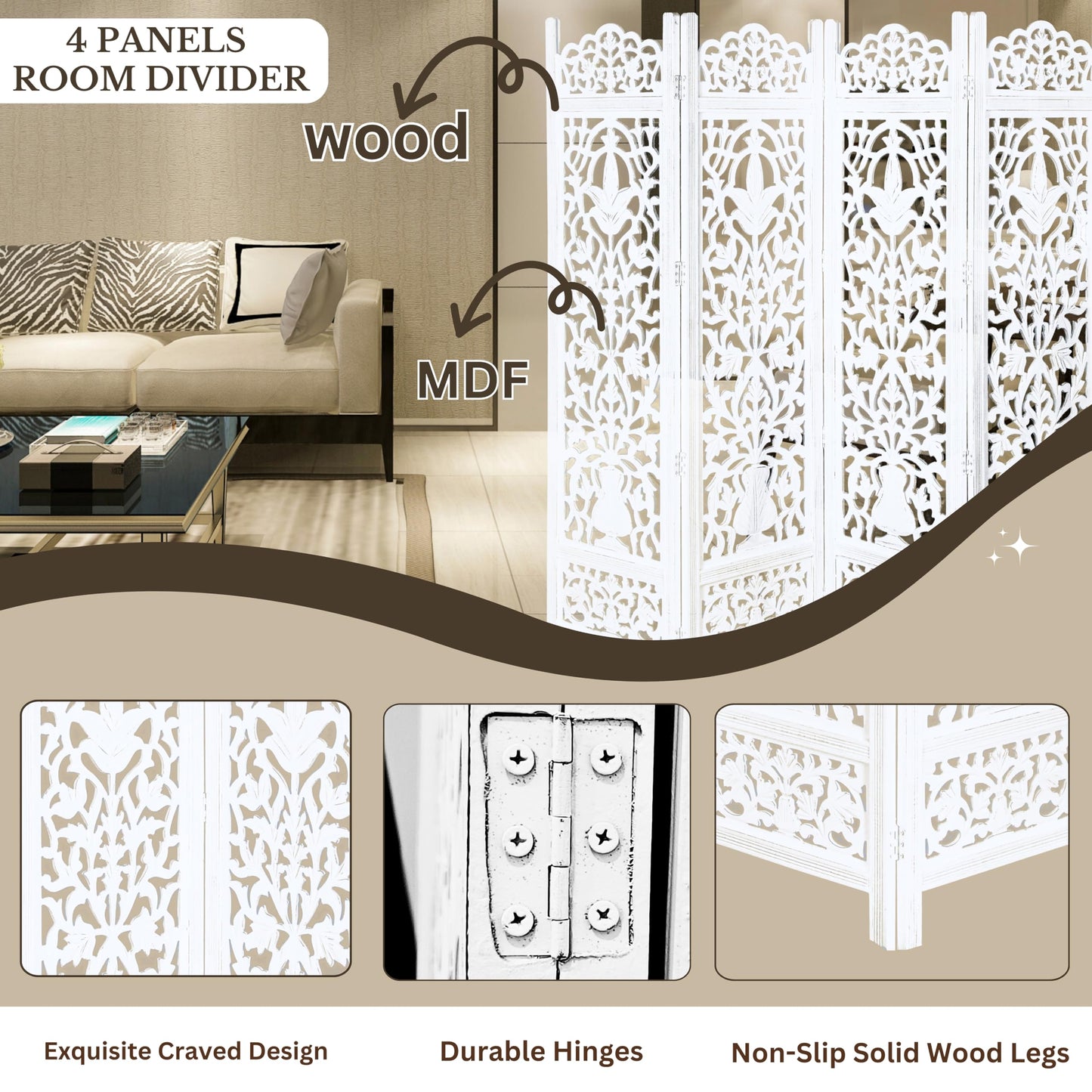 Lightnpro 4-Panel Wooden Room Divider 72"×72" - Hand-Carved Floral Folding Privacy Screen | Pre-Assembled Large Decorative Partition for Living Room, Bedroom, Office & Boho Home Décor - Antique White