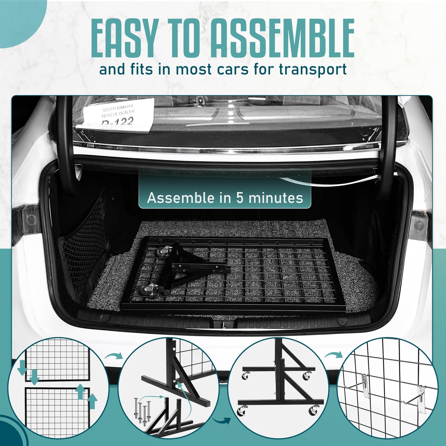 2 Gridwall Panels | 5 FT Tall x 2 FT Wide Portable Display Stand for Vendor Events with Caster Wheels | Heavy Duty Grid Wall with 16 Hooks Included | Gridwall Panel Display Stand for Easy Assembly