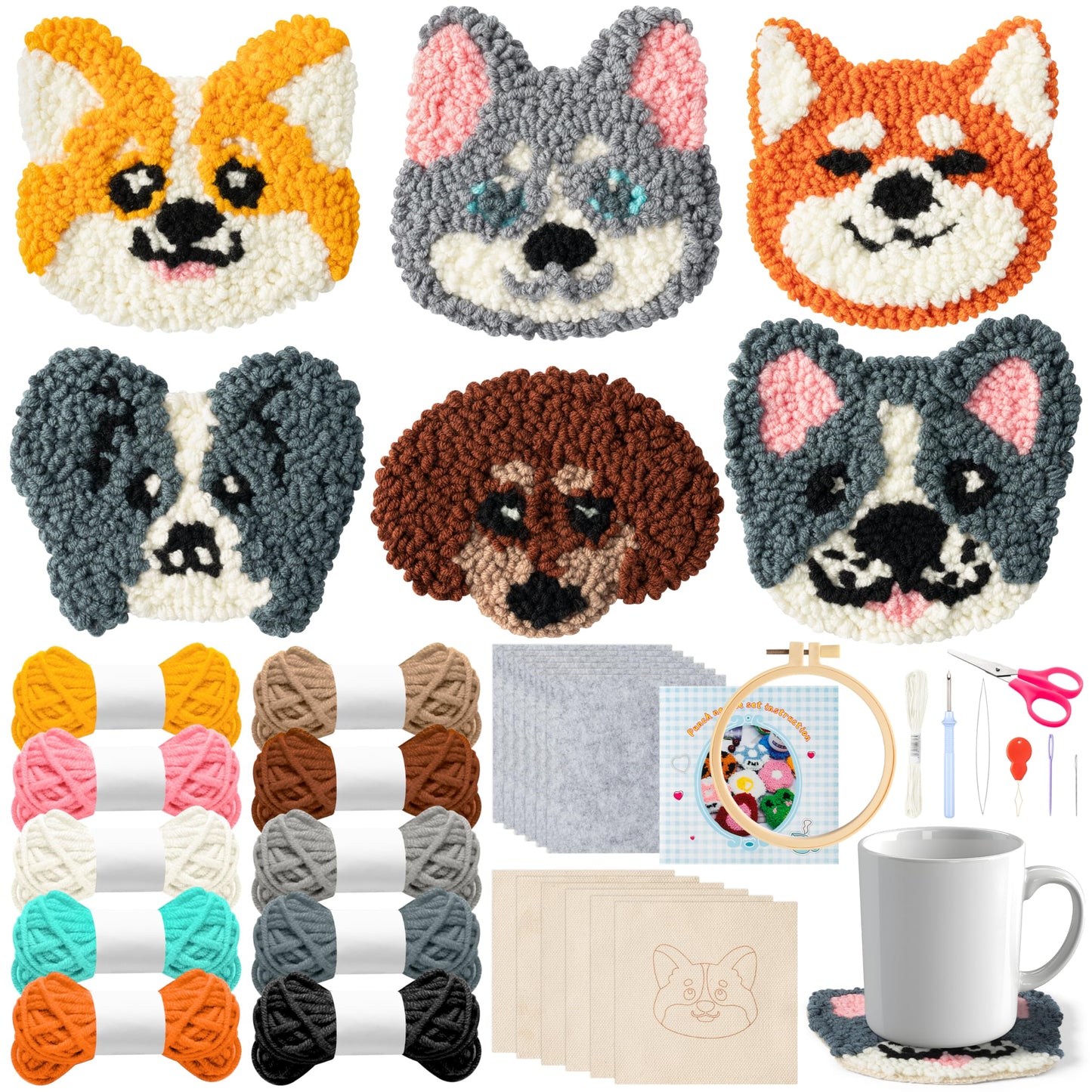 WATINC Puppy Punch Needle Coaster Kit - 6 Patterns Dog Punch Needle Embroidery Craft Kit, DIY Felting Coaster for Adults Beginners with Adhesive Yarns Fabric Felt Hoop Tools Instruction
