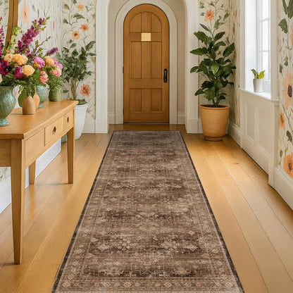 Brown 10ft Long Kitchen Runner Rug | Washable Non-Slip Boho Vintage Indoor Rug 2'6"x10'