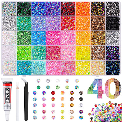 40000Pcs Resin Jelly Rhinestones for Bedazzling, 3mm Mixed-Color Flatback Gems for Diamond Art, Bedazzler Kit with 1Pcs 10ml B7000 Jewelry Glue for Crafting Crafts Book Shoes Nail Art