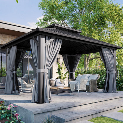 Aoxun 12Ft X 12Ft Hardtop Gazebo, Aluminum Metal Outdoor Gazebo with Breathable Netting and Curtains, Galvanized Steel Double Top, Permanent Patio Pavilion for Backyard, Wedding, Party