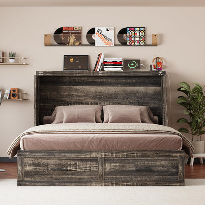 Queen Murphy Bed with Charging Station,Farmhouse Murphy Beds w/Large Storage Drawer,Hideaway Foldable Platform Bed for Guest Bedroom, Living Room, Office,Small Room,Pull Out Bedframe,Grey