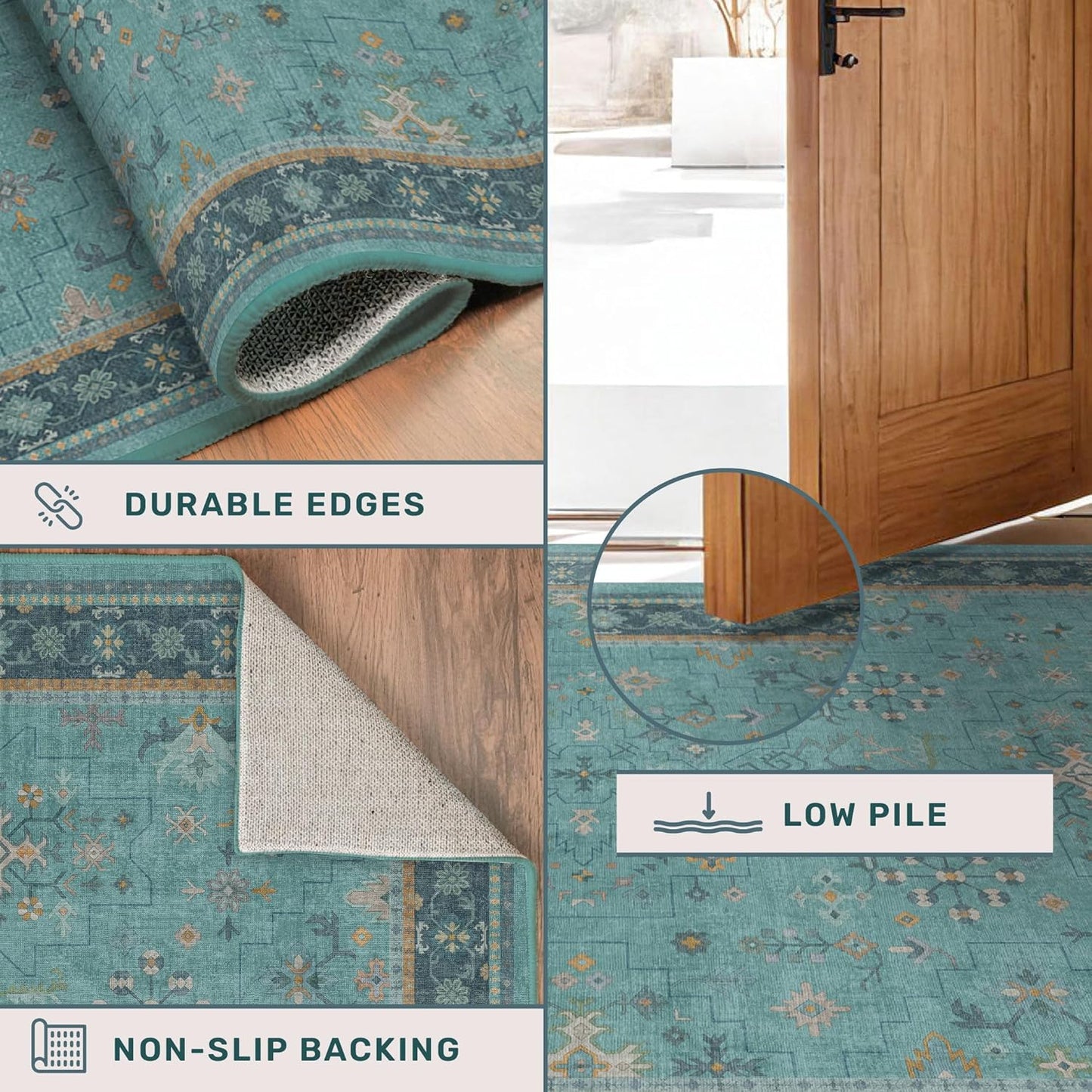 Skiennix Washable Teal Throw Rugs - Non-Slip Boho Floral Indoor Carpet for Entryway & Bathroom | Small Size, Stain & Fade Resistant