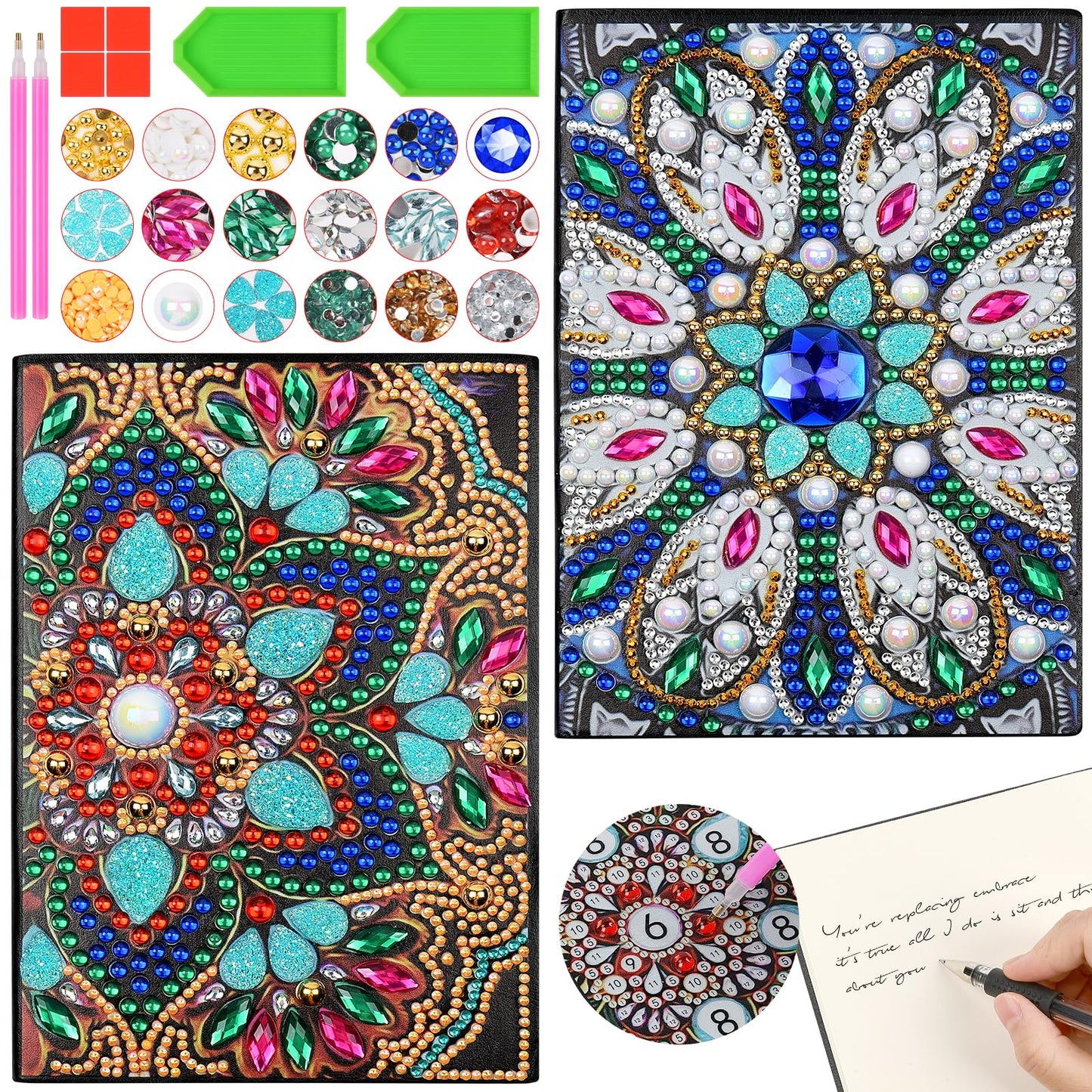 AUAUY 2Pack Boho Diamond Art Notebook, A5 Mandala Blank Notebook Craft Kits for Kids Age 6-8-9-10, Birthday Gifts for 5-12 Yrs Girls, 5D Diamond Art Painting Stationery Set Arts and Crafts