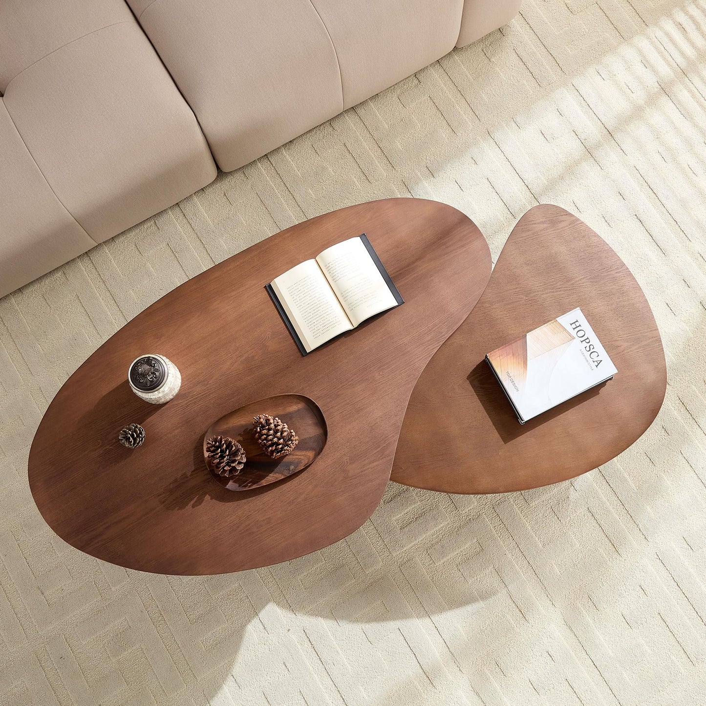 KEIKI Modern Style Wooden Nesting Coffee Table Set of 2, Irregular Shape MDF Coffee Table with Embossed Legs, Easy Assembly, for Living Room, Bedroom, Reception Room, Office, Walnut