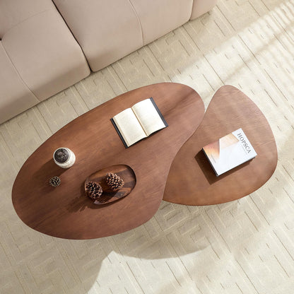 KEIKI Modern Style Wooden Nesting Coffee Table Set of 2, Irregular Shape MDF Coffee Table with Embossed Legs, Easy Assembly, for Living Room, Bedroom, Reception Room, Office, Walnut