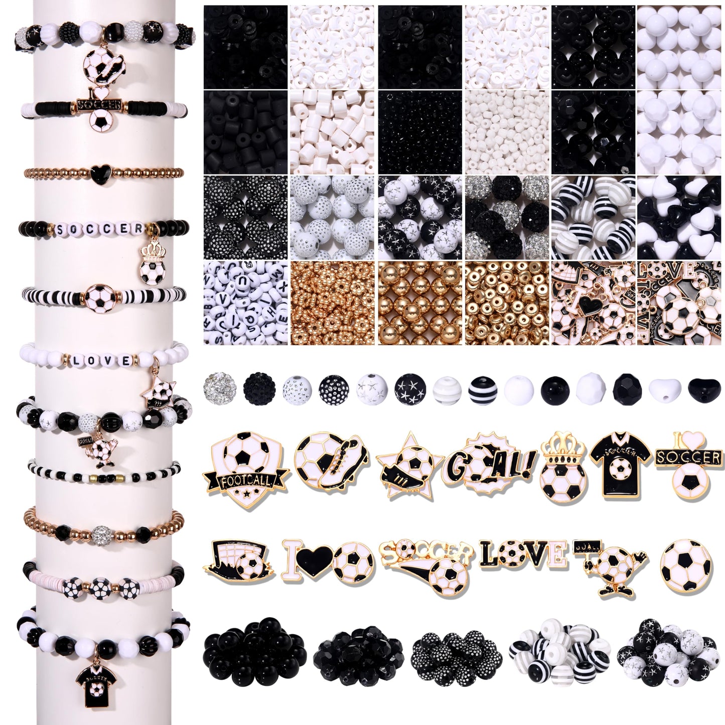 2500PCS+ Soccer Beads Charms for Bracelet Making Black White Acrylic Crystal Heishi Clay Beads Enamel Soccer Ball Jersey Charms for Game Day Bracelet Necklace Earrings Making DIY Crafts (Black White)