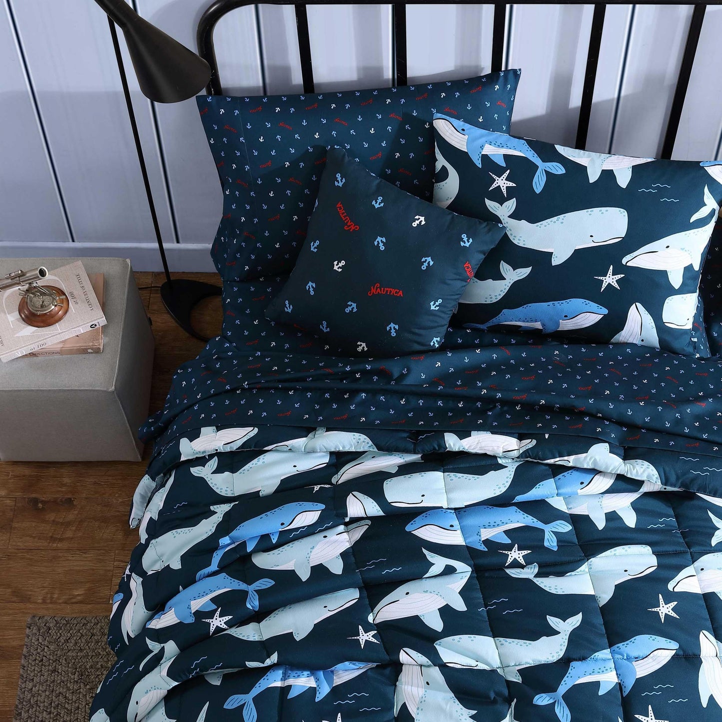 Nautica Kids - Finnian Whales Navy Kids Comforter Set, Soft Bedding with Matching Shams & Throw Pillow, 4-Piece, Navy, Full/Queen