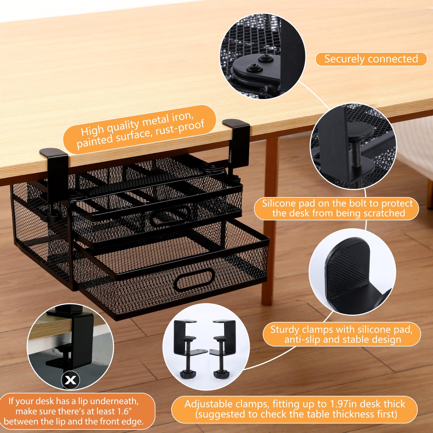 ROLIZOE Sliding Under Desk Drawer Organizer No Drilling 2 Drawers Slide Out Desktop Or Under Table Storage Metal Clamp On Desk Drawer Attachment Anti-Slip Under Desk Organizer for Home & Office