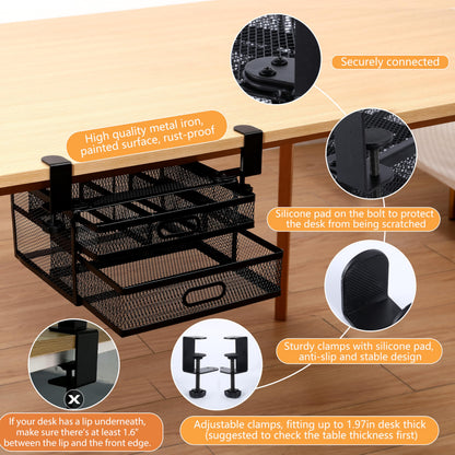 ROLIZOE Sliding Under Desk Drawer Organizer No Drilling 2 Drawers Slide Out Desktop Or Under Table Storage Metal Clamp On Desk Drawer Attachment Anti-Slip Under Desk Organizer for Home & Office