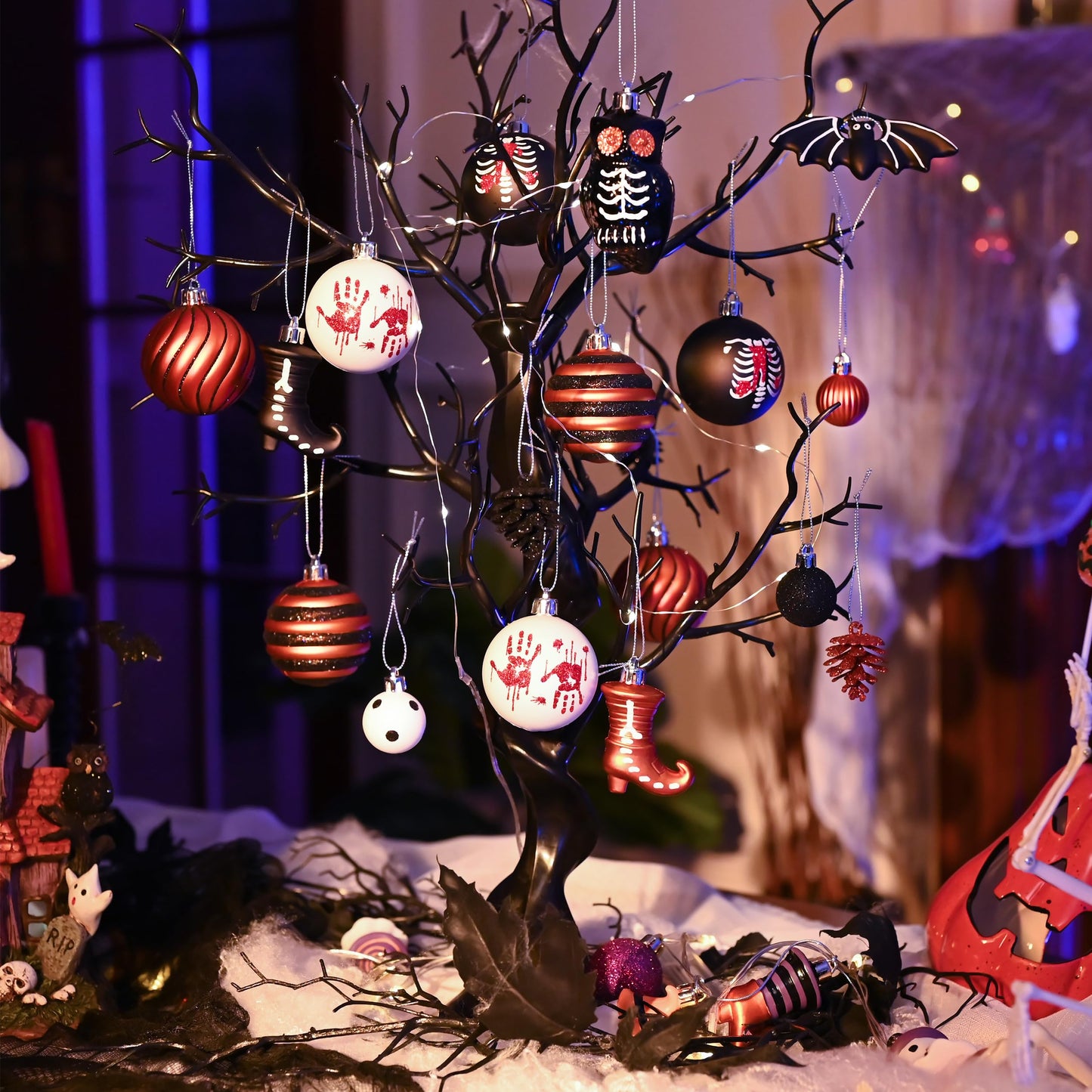 Valery Madelyn Halloween Ornaments Tree Decorations Indoor, 40ct Medium Set Variety Shatterproof Scary Skeletons Owl Bats Hanging Ball Ornaments Set for Small Tree, Spooky Holiday Party Home Decor