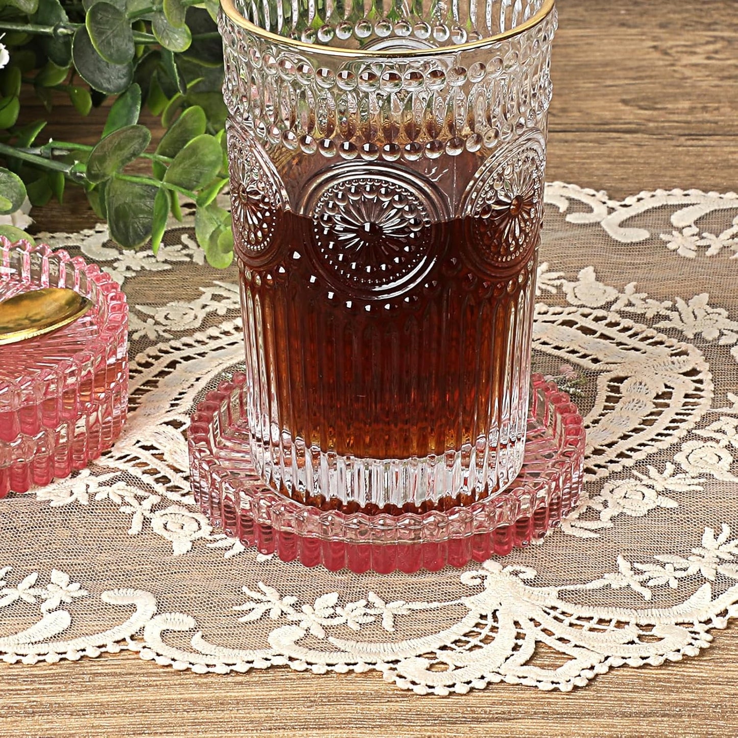 JUXYES 8 Pack Clear Pink Crystal Coasters Round Cup Mat, Glass Coasters for Drinks Coffee Tea Wine, Decorative Wine