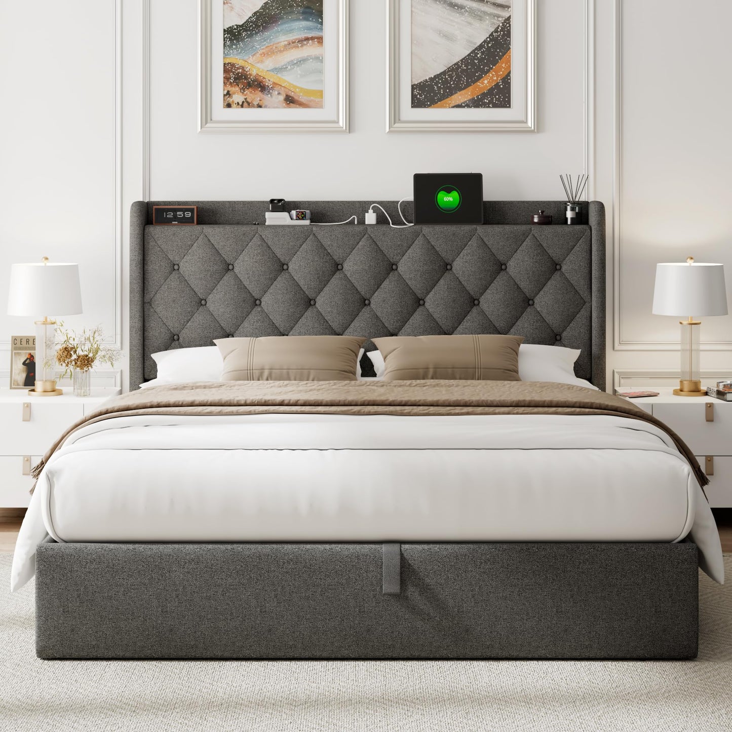 Feonase Queen Bed Frame with Storage & Charging Station - Hydraulic Lift Up Platform Bed, Upholstered Button Tufted Headboard, Sturdy Wooden Slats, Noise-Free, No Box Spring Needed, Dark Gray
