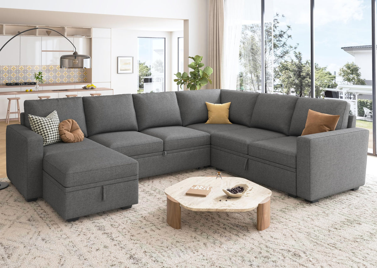 HONBAY Sectional Sleeper Sofa with Pull Out Bed, U Shaped Couch with Storage, Modular Sectional Couches for Living Room, Dark Grey