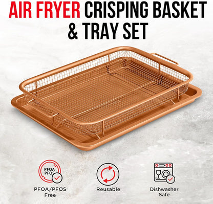 Bakken Swiss 2-In-1 Air Fryer Tray - Nonstick Copper Crisper Basket, Extra-Large 9.5"x13", Dishwasher Safe