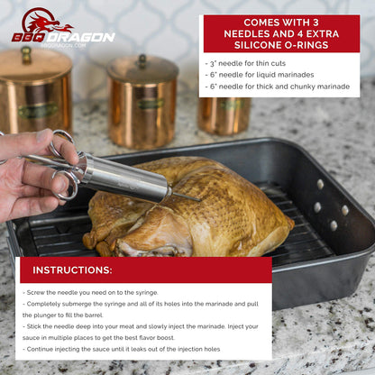 BBQ Dragon Meat Syringe Injector Kit - Stainless Steel Marinade Injector for Smoking Turkey & Brisket - Food Injector with 3 Needles for Liquid & Chunky Marinades - Flavor Injector for Meat & Poultry