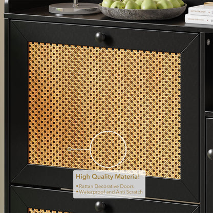 Shoe Storage Cabinet with 3 Flip-Down Doors, Rattan & Metal Frame Organizer, Adjustable Shelves, Narrow Freestanding Rack for Entryway Hallway, Tool-Free Assembly, Modern Farmhouse Decor, Black