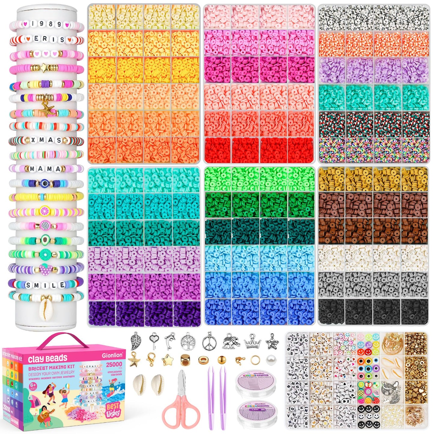 Gionlion 25000 Pcs Clay Beads Bracelet Making Kit Abundant Single Color Heishi Beads, 7 Boxes Polymer Beads for Bracelets Jewelry Making kit with Charms, DIY Arts and Crafts Gifts