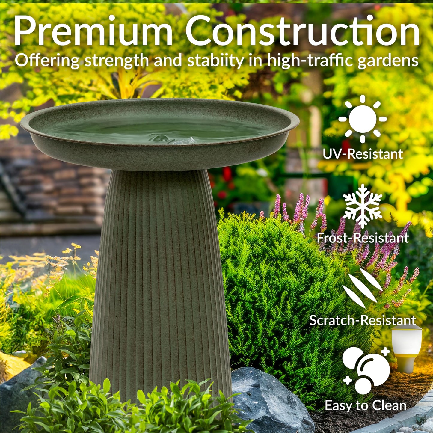 Sunnydaze Gleeful Garden 23" Iron Pedestal Bird Bath for Outside - Modern Shallow Basin Birdbath for Outdoors with UV-Protected Rust-Resistant Finish for Patio, Garden, Yard Decor - Matte Green
