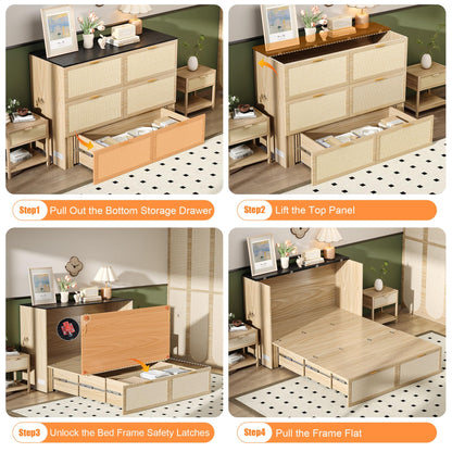 VINGLI Full Size Rattan Murphy Bed with Storage Drawer,2 Charging Station, Boho,Hideaway Paltform Panel Bed for Small Spaces,Guest Room,Office,Apartment, Space-Saving Cabinet Bed,Oak White