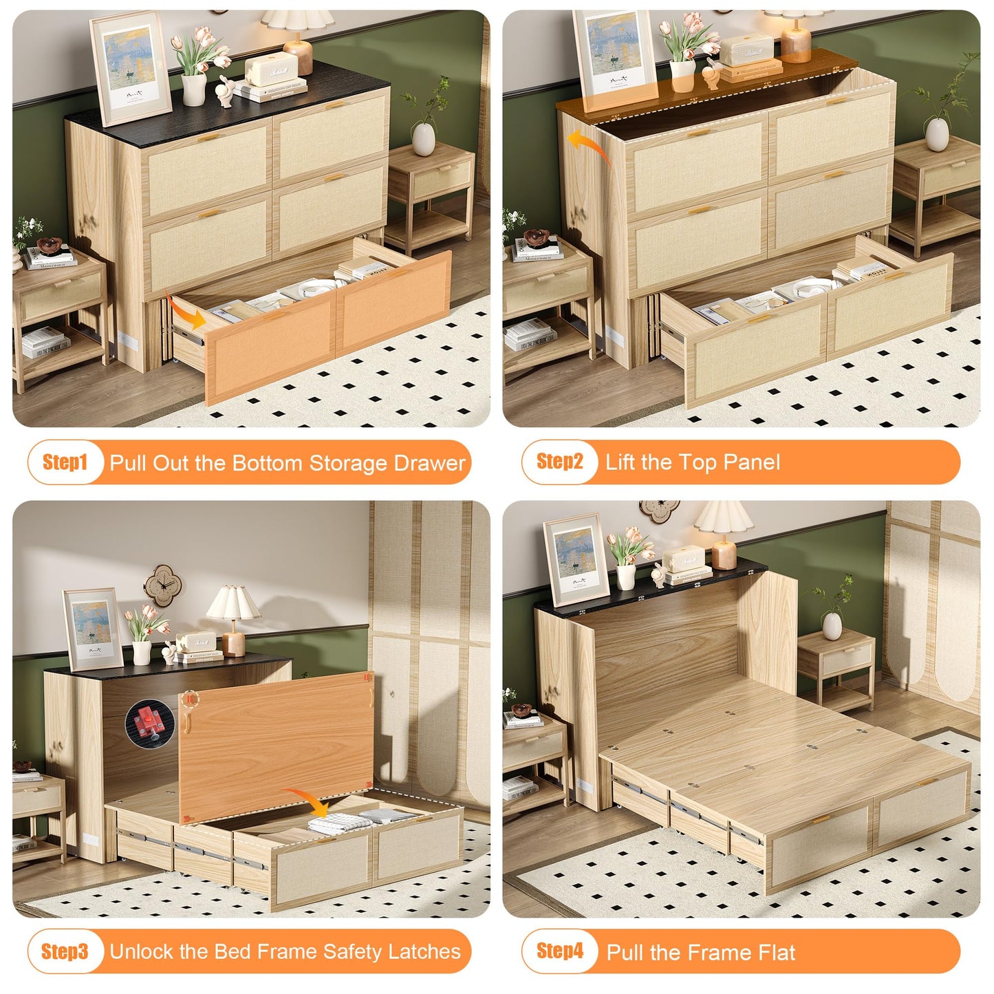 VINGLI Queen Size Rattan Murphy Bed with Storage Drawer,2 Charging Station, Boho,Hideaway Paltform Panel Bed for Small Spaces,Guest Room,Office,Apartment, Space-Saving Cabinet Bed,Oak White