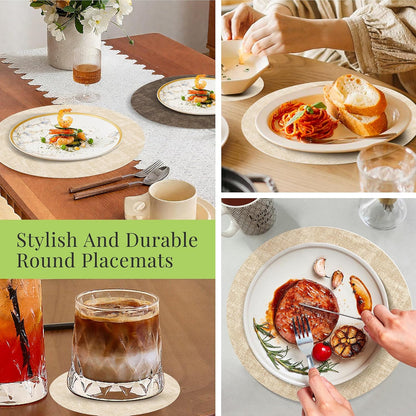 13-Inch Set 6, (6, Faux Leather Round Placemats of Waterproof Anti-Slip Dual Sided Place mats, Heat Resistant Washable