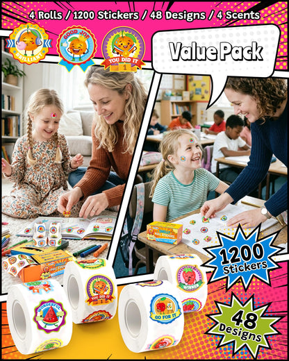 HORIECHALY Reward Smelly Roll Stickers for Kids 4 Rolls, 1200 PCS 4 Scent Scratch and Sniff Stickers Food Theme, Positive Reward for Classroom, Portable Drawer Box for Travel, Car, Airplane