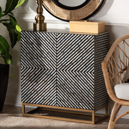 Baxton Studio Belenus Modern Bohemian Herringbone Black Mother of Pearl Storage Cabinet