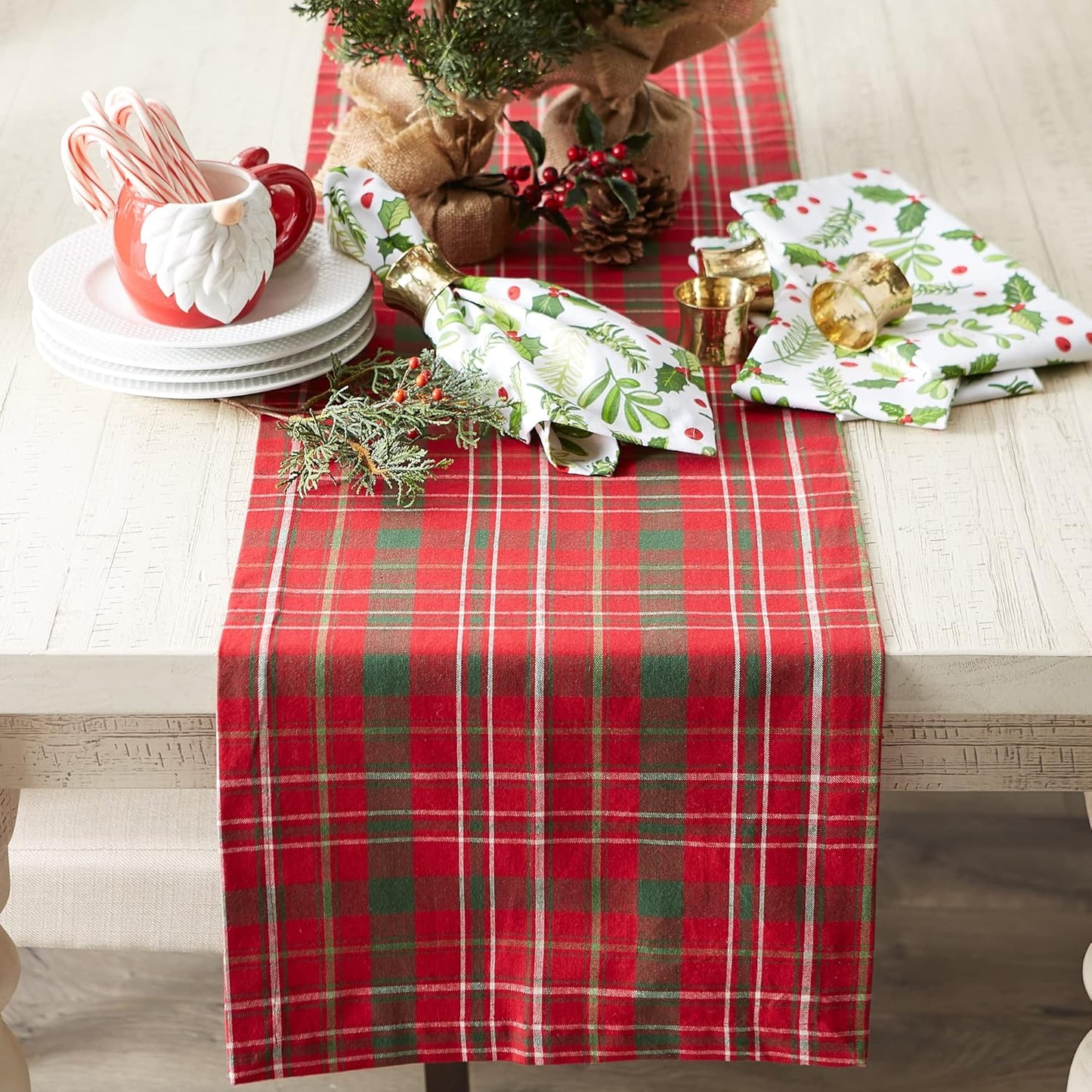 DII Holiday Dining Table Linen Collection - Christmas Table Runner, 14x108, Tartan Holly Plaid, Red & Green