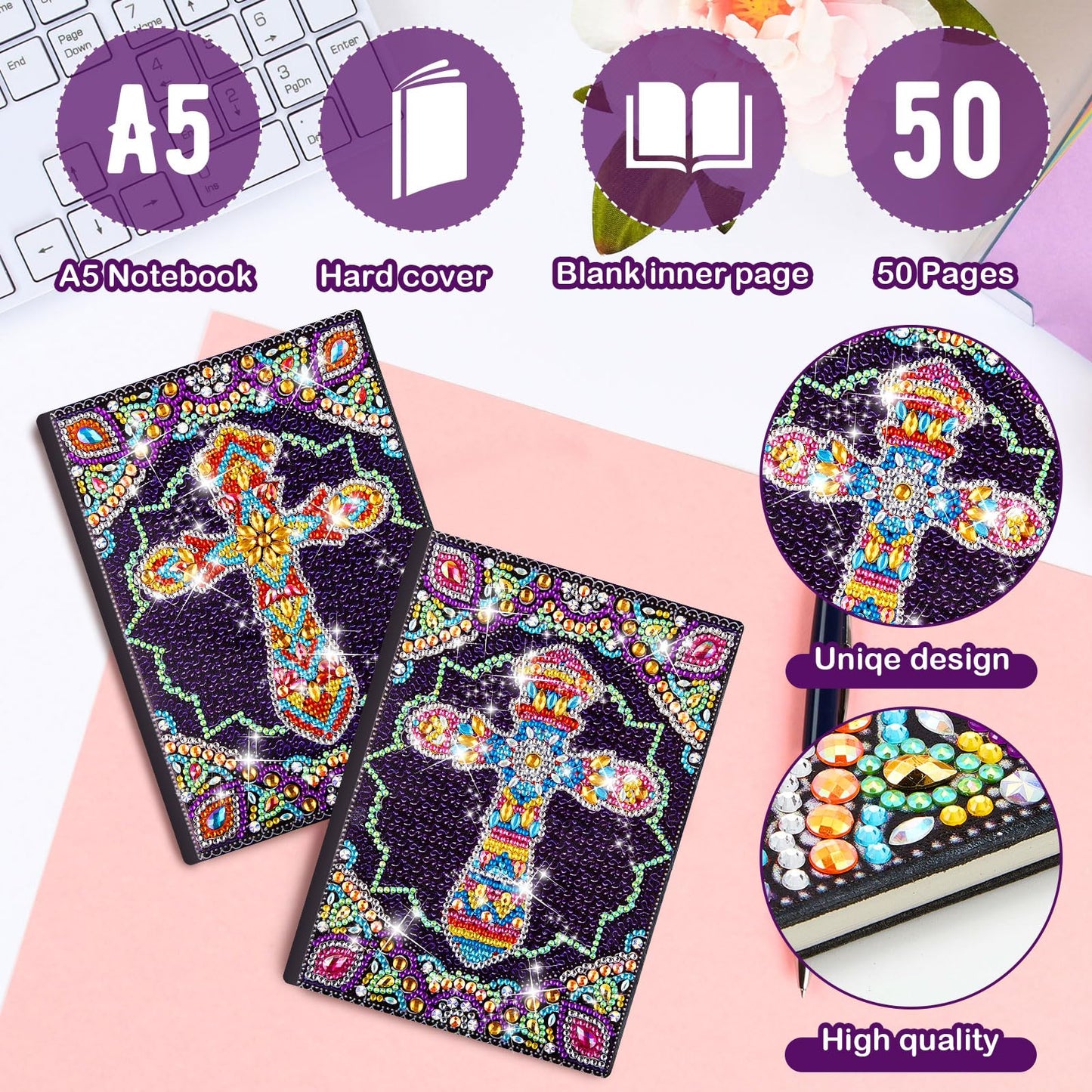 Qilery 2 Pcs 5d Diamond Art Kits for Adults, DIY Leather Diamond Painting Journals Notebooks Bible Cross Gem Dots Art Crafts for Adults, Beginners, Birthdays, Graduation Gifts with Tools